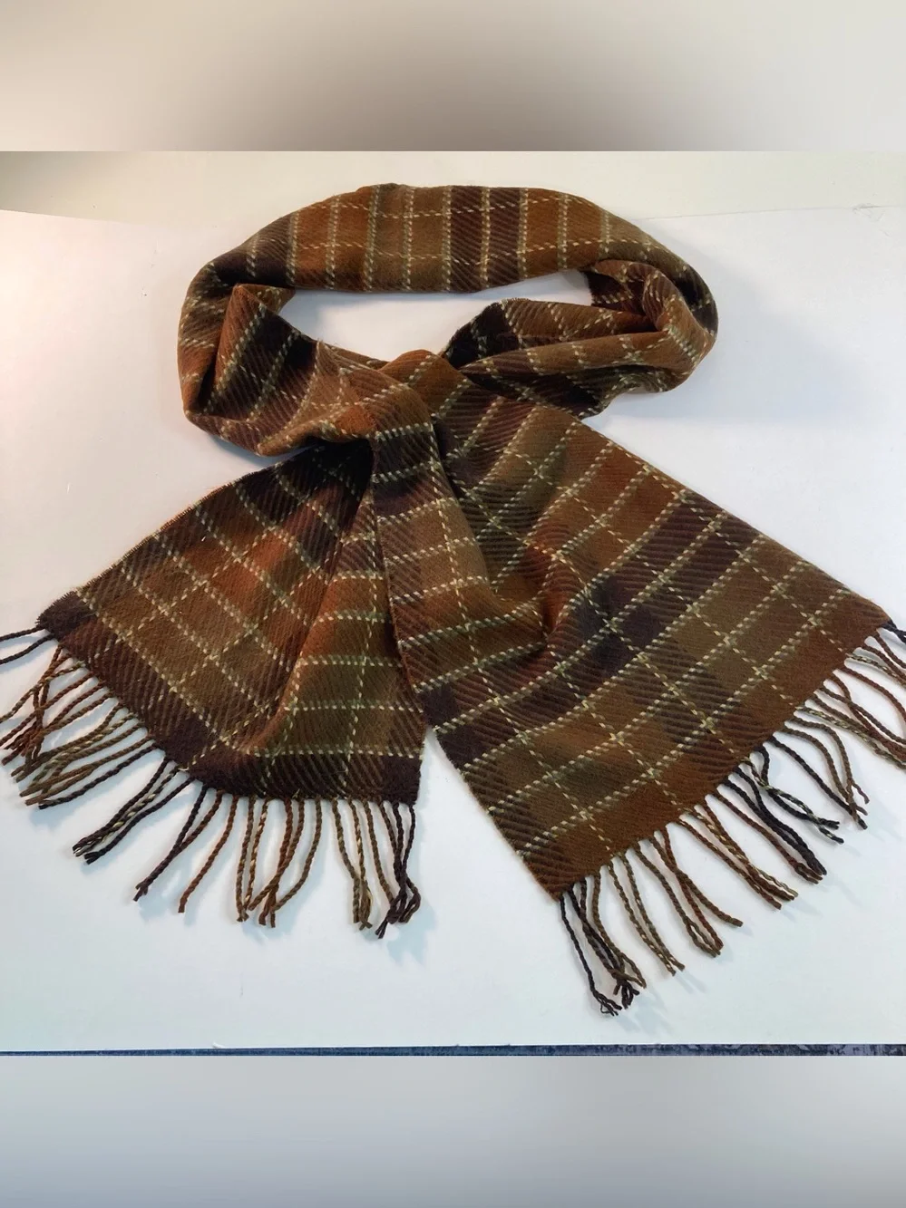 100% Cashmere Scarf With Fringe, Brown Plaid, Made In Scotland